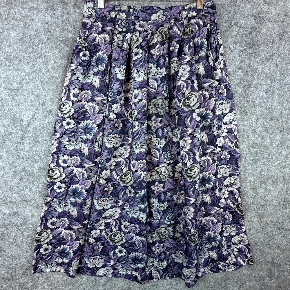 Vintage Koret Office‎ Skirt Women 10 Purple Black Floral Rayon Pleated Grandma